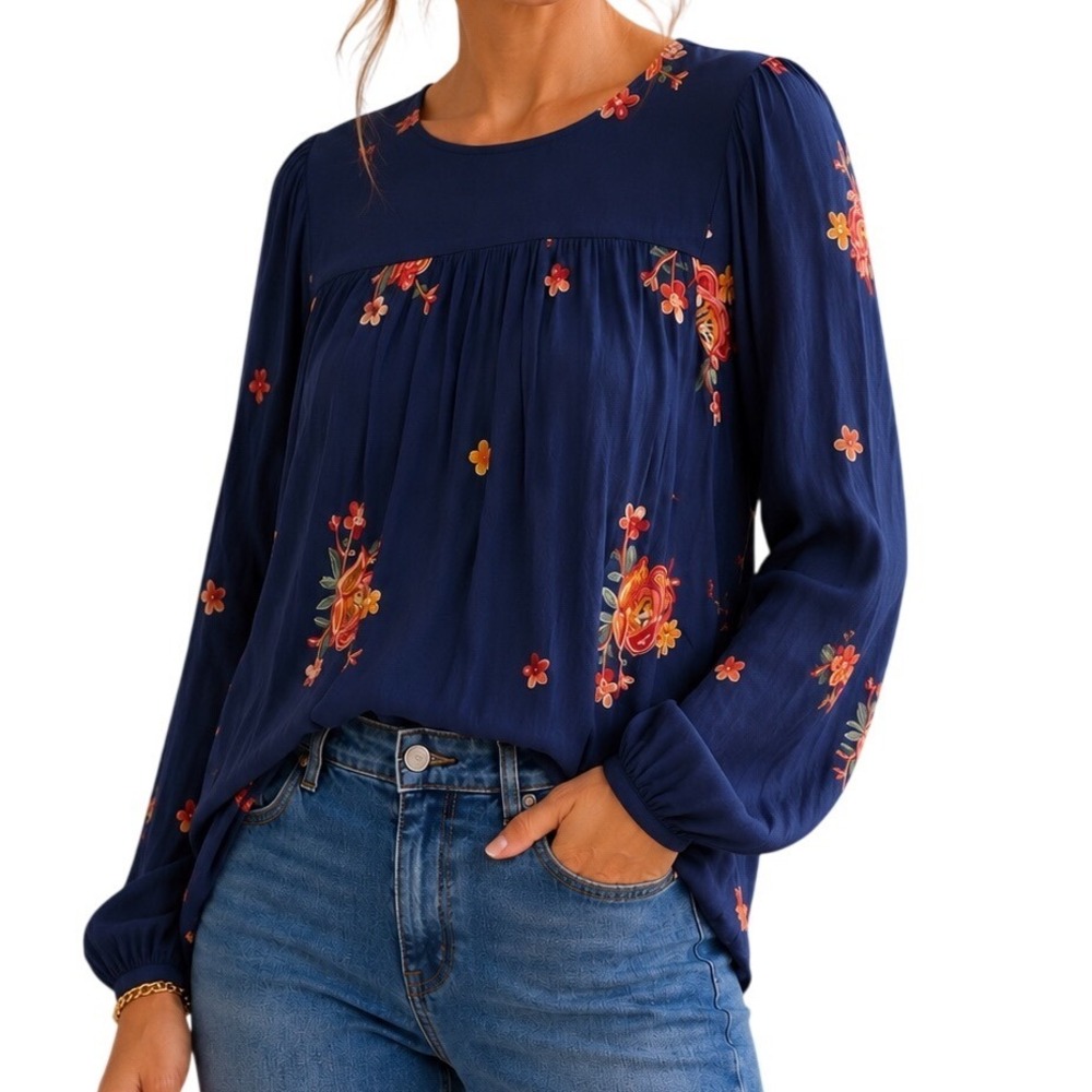 Fig and Flower Women Blue Embroidered Floral Peasant Blouse XL Long Sleeve Boho